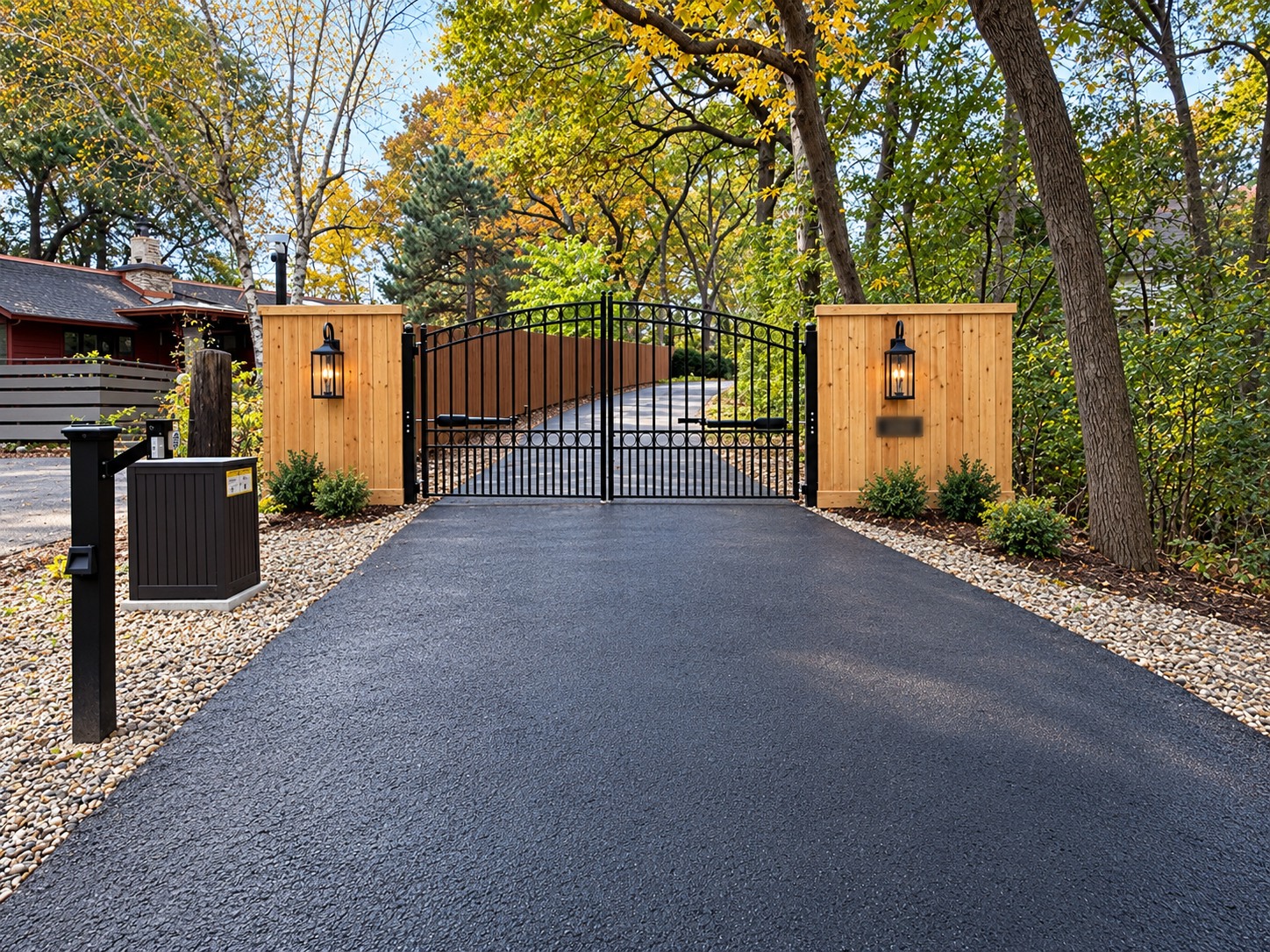 Metal Gate Installation with Fence Panels, Custom Lighting, Package Drop Box and Call Box with Keypad